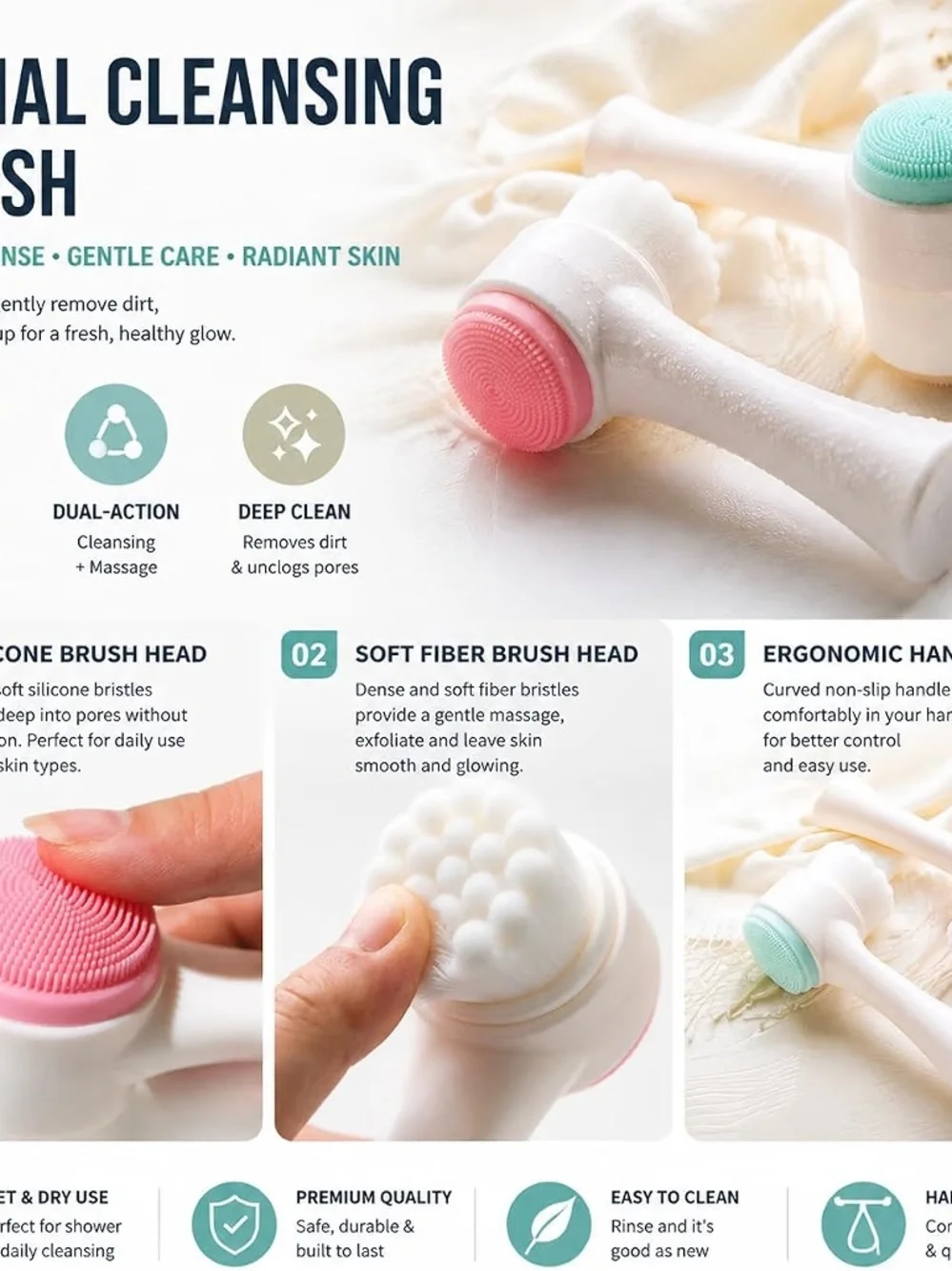 1pc Facial Cleansing Brush - Dual-Sided Soft Bristle